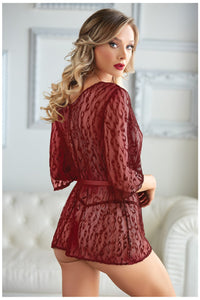 Leopard Lace Robe  with G-string burgundy - Be Lynley