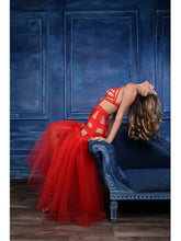 red fantasy mermaid dress with tulle tail