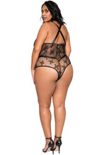 LI259 Roma Confidential Wholesale Plus Size Lingerie Black Satin and Lace Contrast Teddy with Snap Bottom