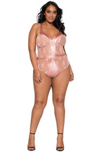 LI259 Roma Confidential Wholesale Plus Size Lingerie Pink  Satin and Lace Contrast Teddy with Snap Bottom