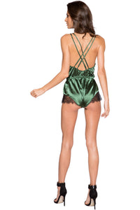 LI270 Roma Confidential Wholesale Lingerie Green Elegant Eyelash Lace and Satin Romper with Button Detail