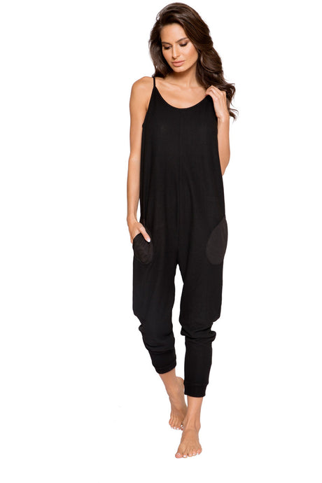 LI294 Roma Confidential Wholesale Lingerie Black Cozy & Comfy Pajama Jumpsuit with Pocket Details