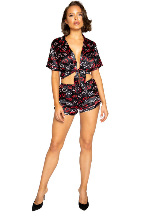 Lips Satin Pajama Set. Includes Collared Tie Top & Shorts