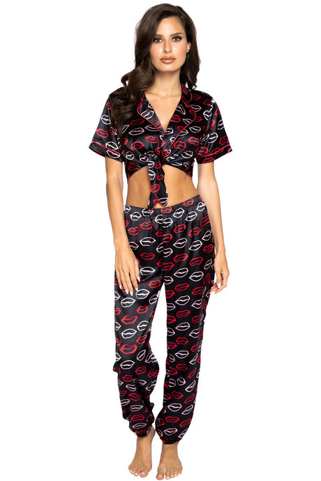 Lips Satin Pajama Set. Includes Collared Tie Top & Pants