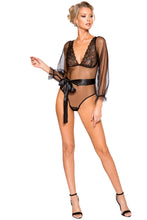 LI298 Roma Confidential Wholesale Lingerie Elegant Sheer Mesh & Lace Teddy with Flair Sleeve and Optional Satin Tie