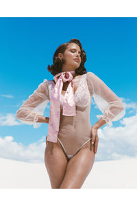 Elegant Sheer Mesh & Lace Teddy with Flair Sleeve and Optional Satin Tie